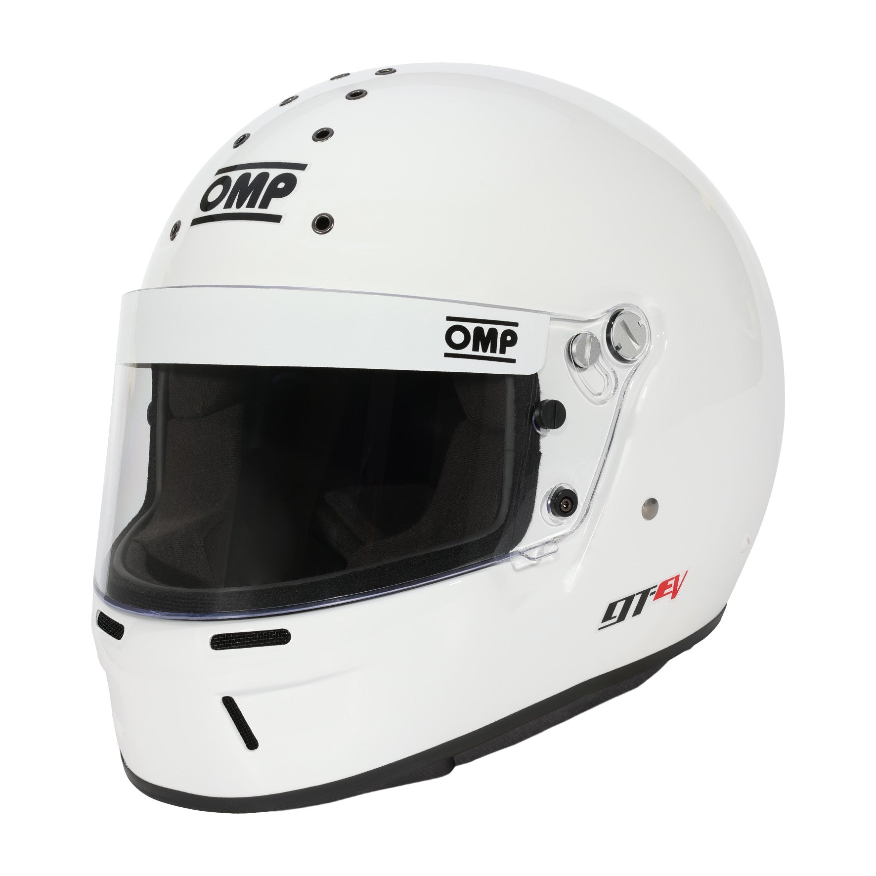 OMP GT-EV SA2025 racing helmet with lightweight composite shell, wide eye port, and fire-resistant interior lining